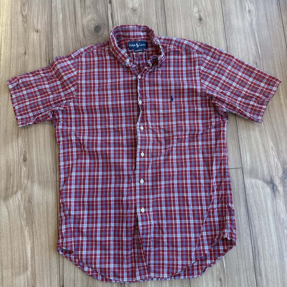 Ralph Lauren Button Down Mens Med Red Plaid Classic Fit Short Sleeve Pony Logo